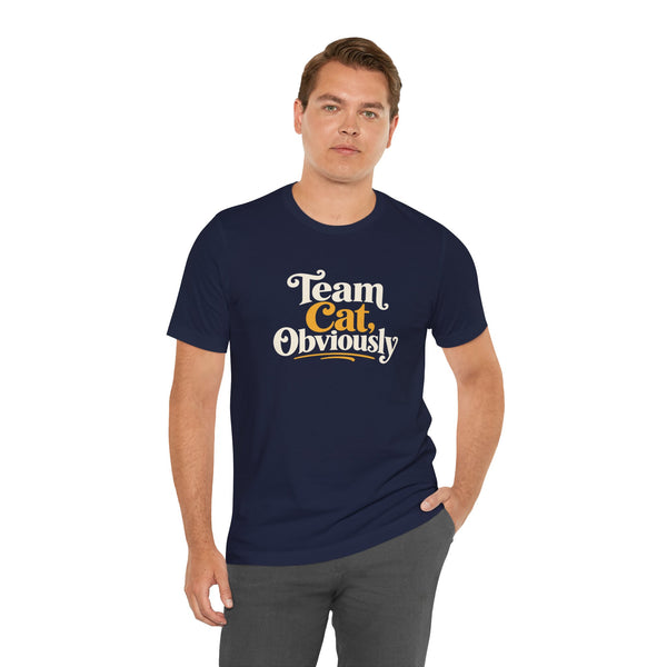 Navy crewneck T-shirt, front “Team Cat, Obviously” graphic in tan and orange.