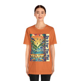 Orange crew-neck graphic t-shirt with colorful square print and vertical blue text stripe