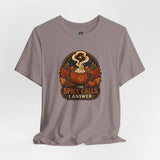 Taupe crew-neck T-shirt with orange pumpkin spice graphic and “SPICE CALLS, I ANSWER”.