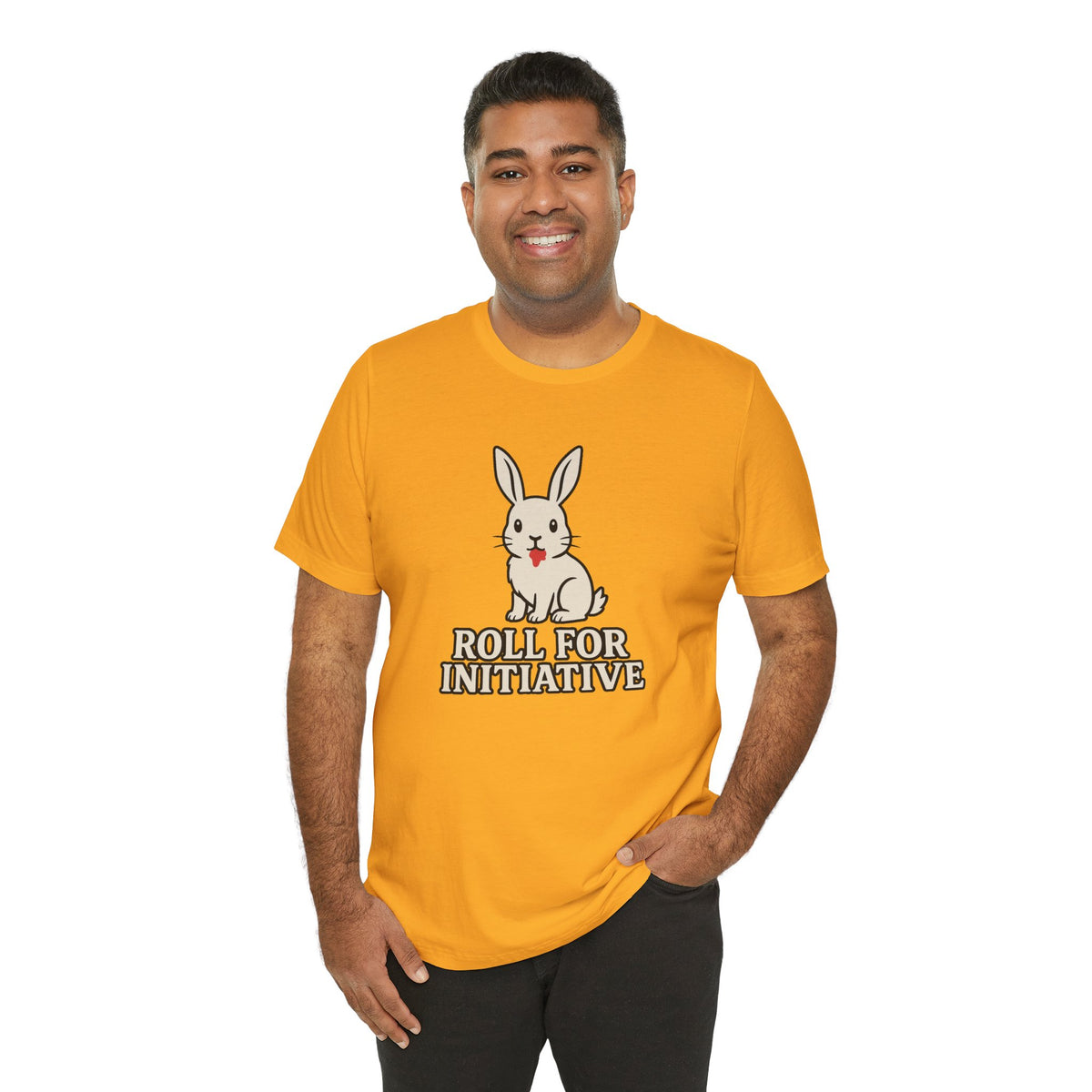 Orange T-shirt with bunny illustration and "ROLL FOR INITIATIVE" lettering, short sleeves