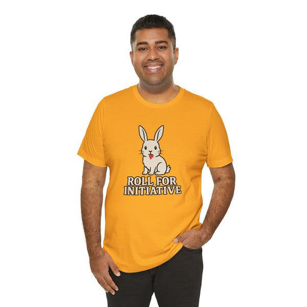 Orange T-shirt with bunny illustration and "ROLL FOR INITIATIVE" lettering, short sleeves