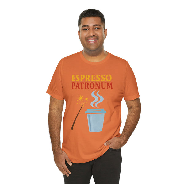Burnt orange short-sleeve crewneck T-shirt featuring “Espresso Patronum” coffee cup art