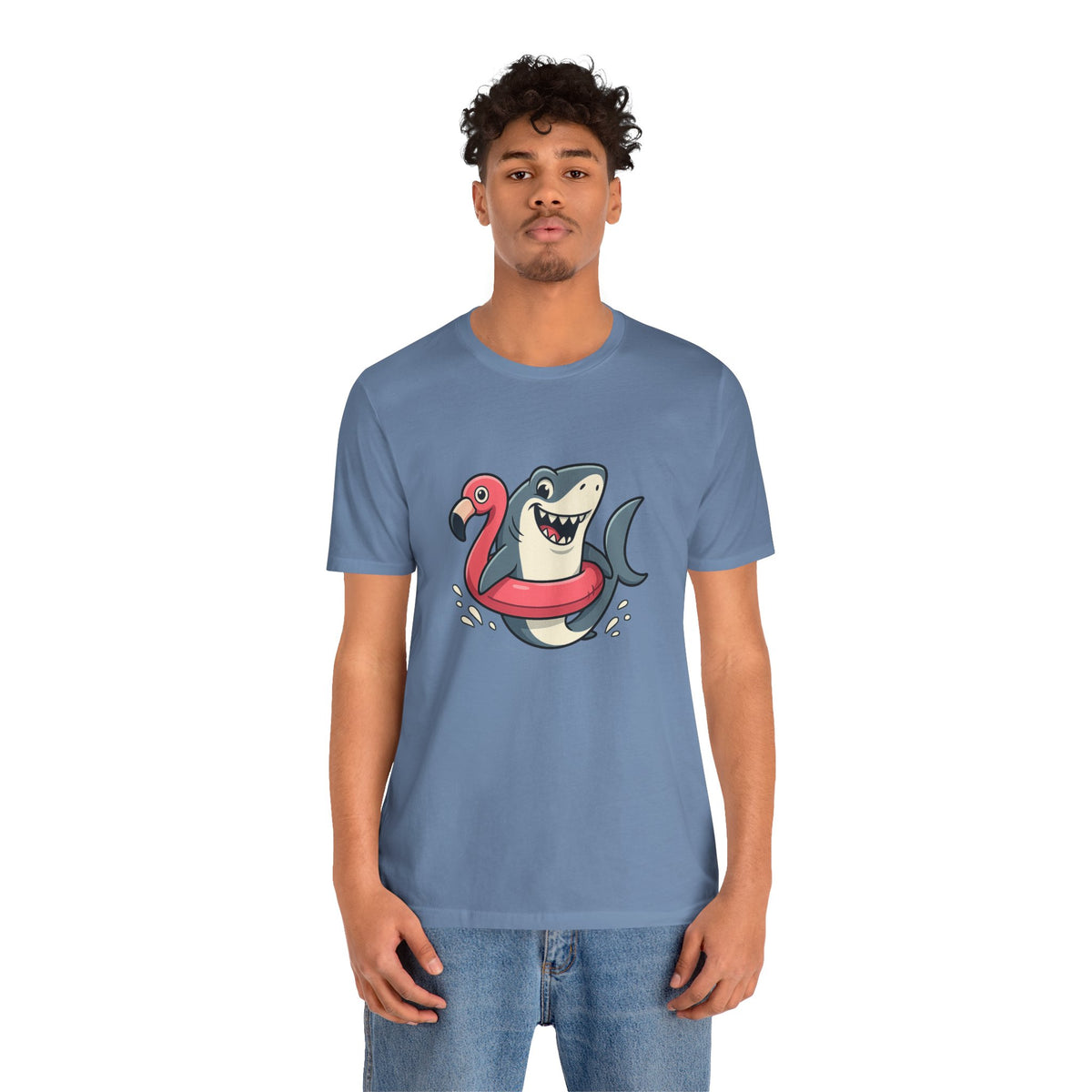 Blue crew-neck T-shirt with shark and flamingo graphic, casual fit