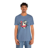 Blue crew-neck T-shirt with shark and flamingo graphic, casual fit