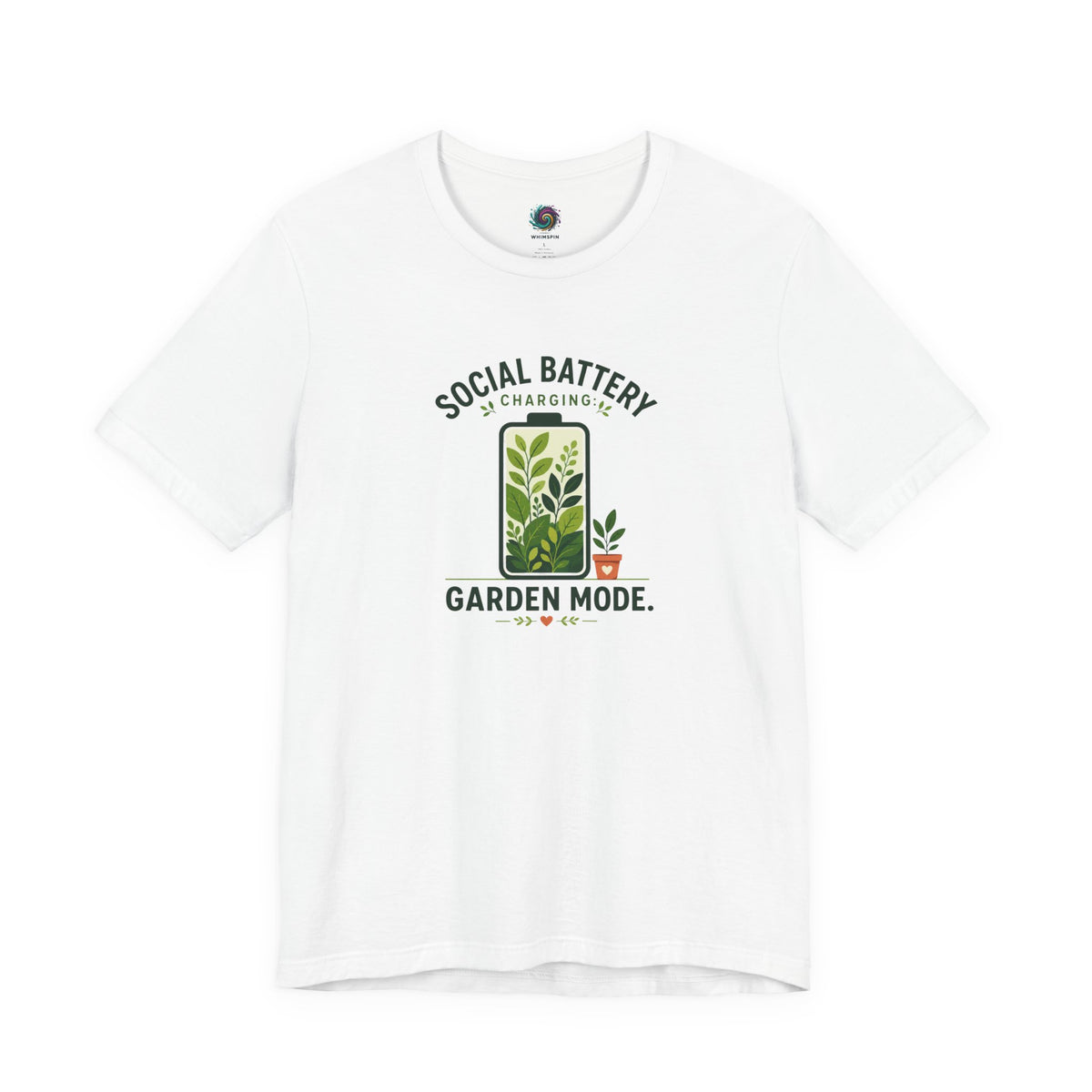 White T-shirt with 'Social Battery Charging' and 'Garden Mode' plant graphic