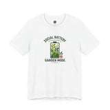 White T-shirt with 'Social Battery Charging' and 'Garden Mode' plant graphic