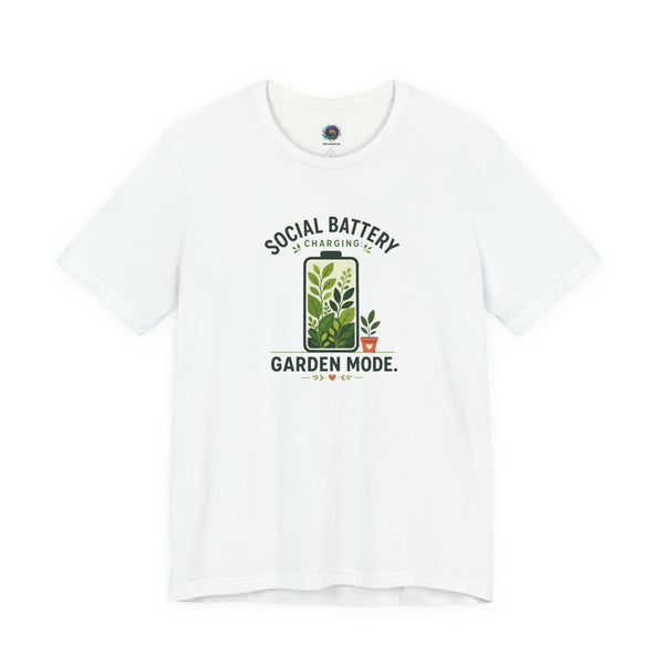 White T-shirt with 'Social Battery Charging' and 'Garden Mode' plant graphic