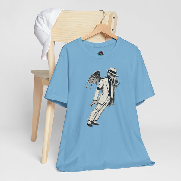 Light blue crewneck graphic t-shirt with black-and-gray winged top-hat character print