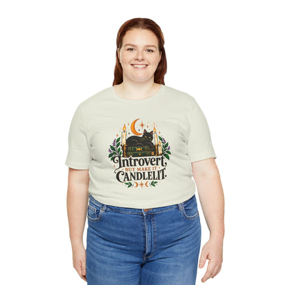 Introvert But Make It Candlelit T-shirt - Witchy Bookish Cat Tee