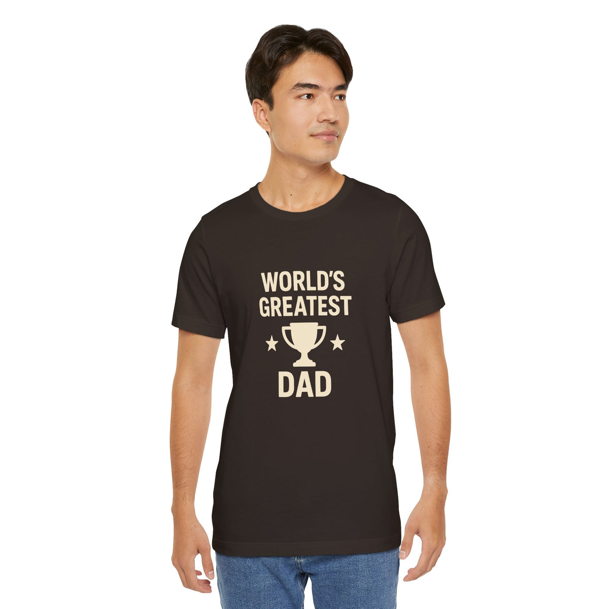 Black crew-neck T-shirt with “World’s Greatest Dad” trophy graphic and stars