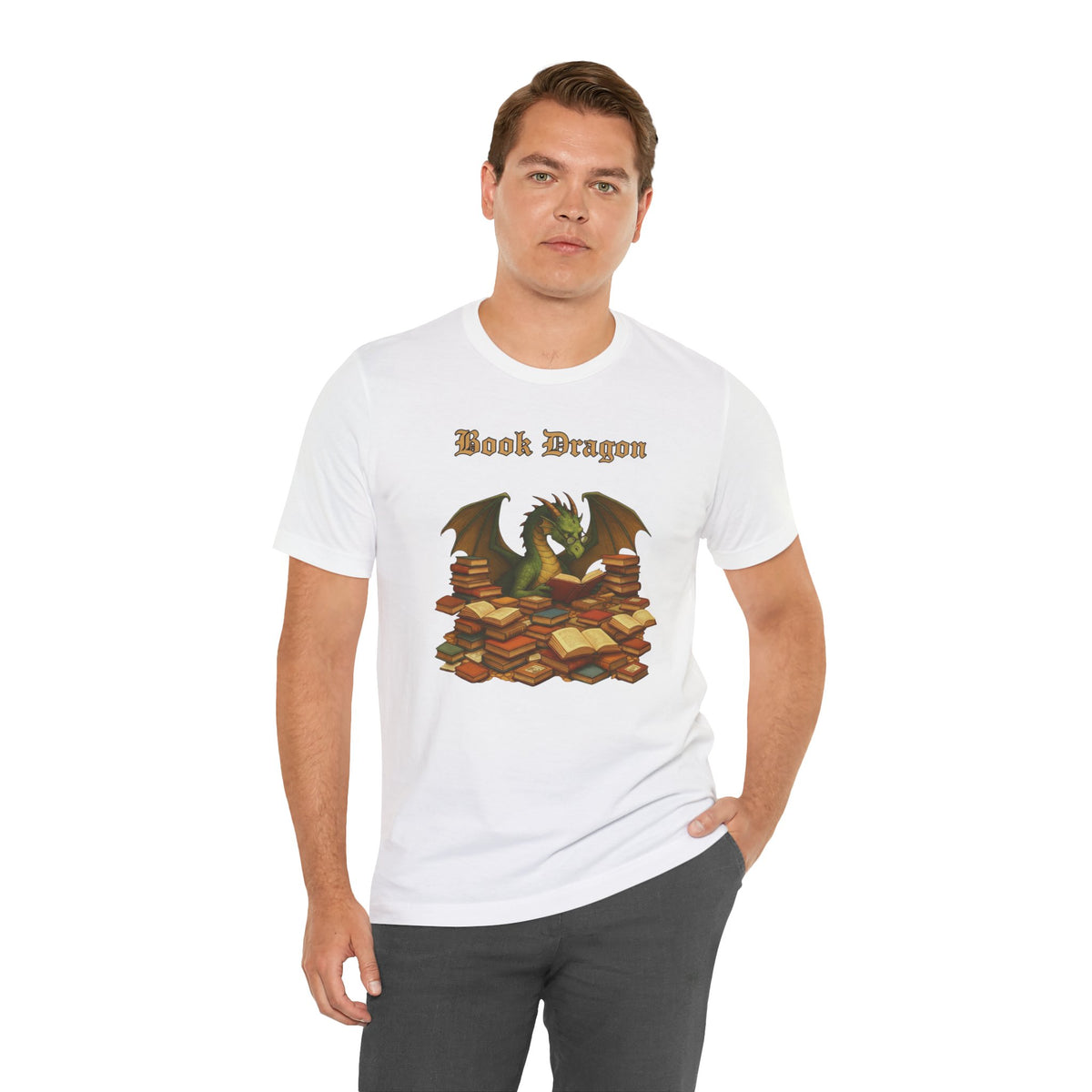 White crewneck t-shirt worn by model, “Book Dragon” graphic with dragon and stacked books