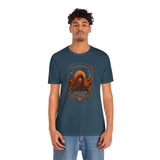 Teal crew-neck T-shirt with orange sci-fi pumpkin spice portrait graphic