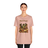 Pink crewneck t-shirt with dragon reading stacked books graphic on chest