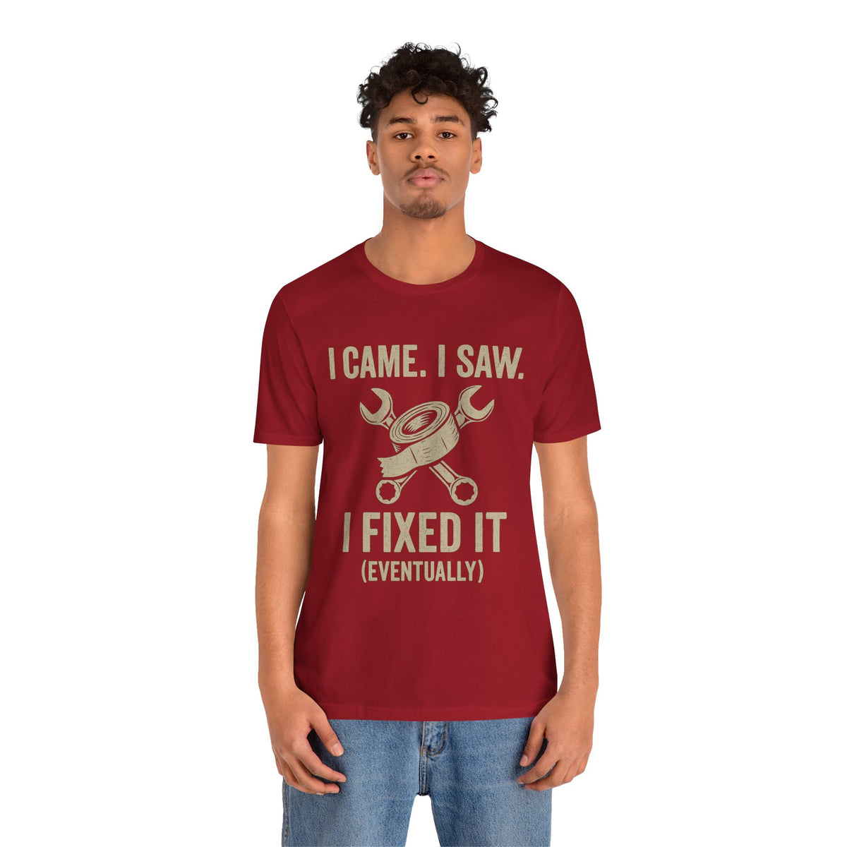 Maroon crew-neck T-shirt, front view with DIY tools print and “I Came I Saw I Fixed It (Eventually)”