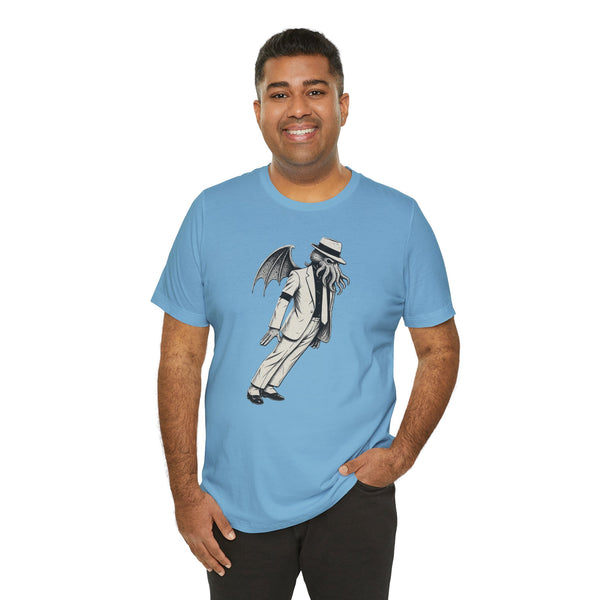 Light blue crewneck graphic t-shirt with black-and-gray winged top-hat character print