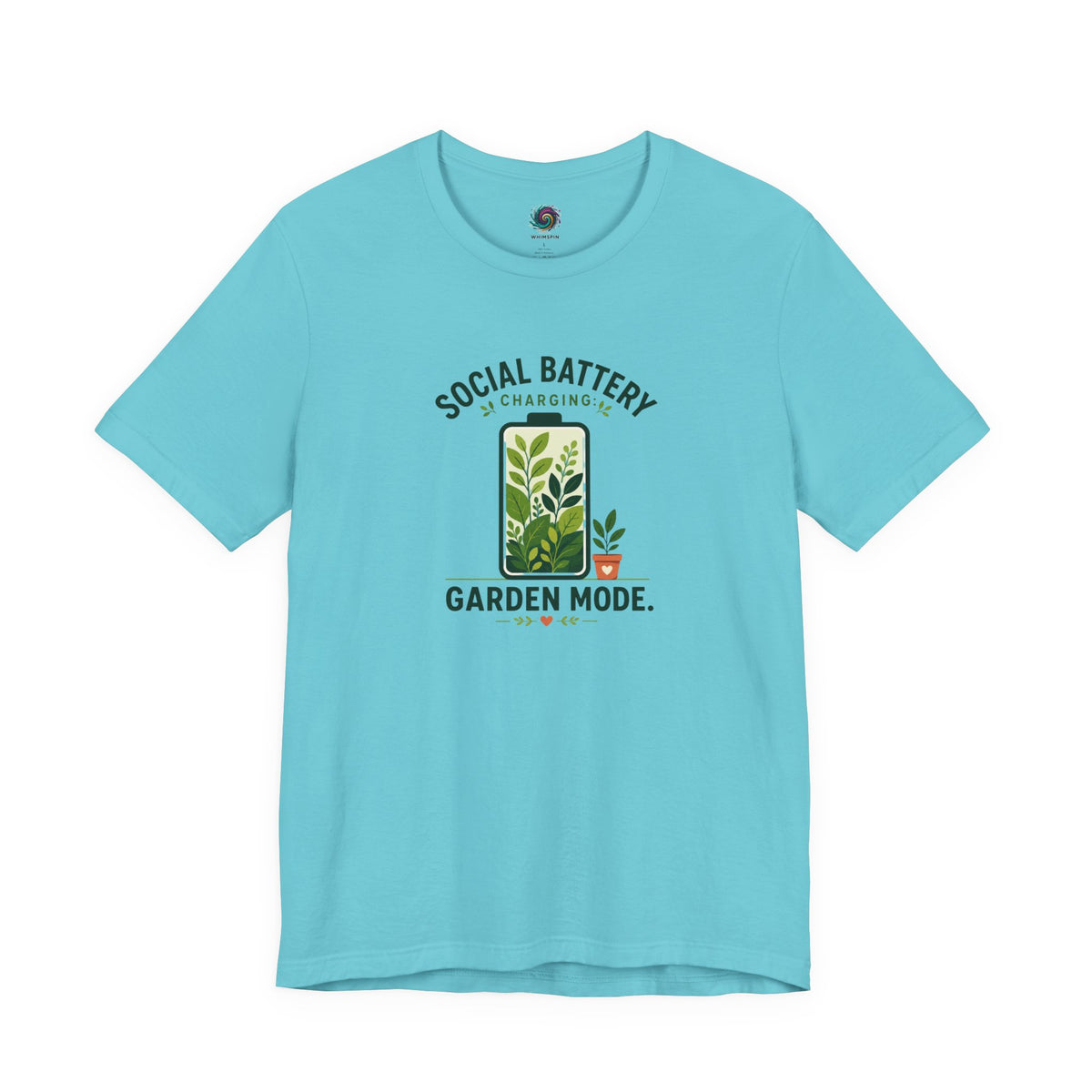 Turquoise garden mode t-shirt with 'Social Battery' and plant graphic