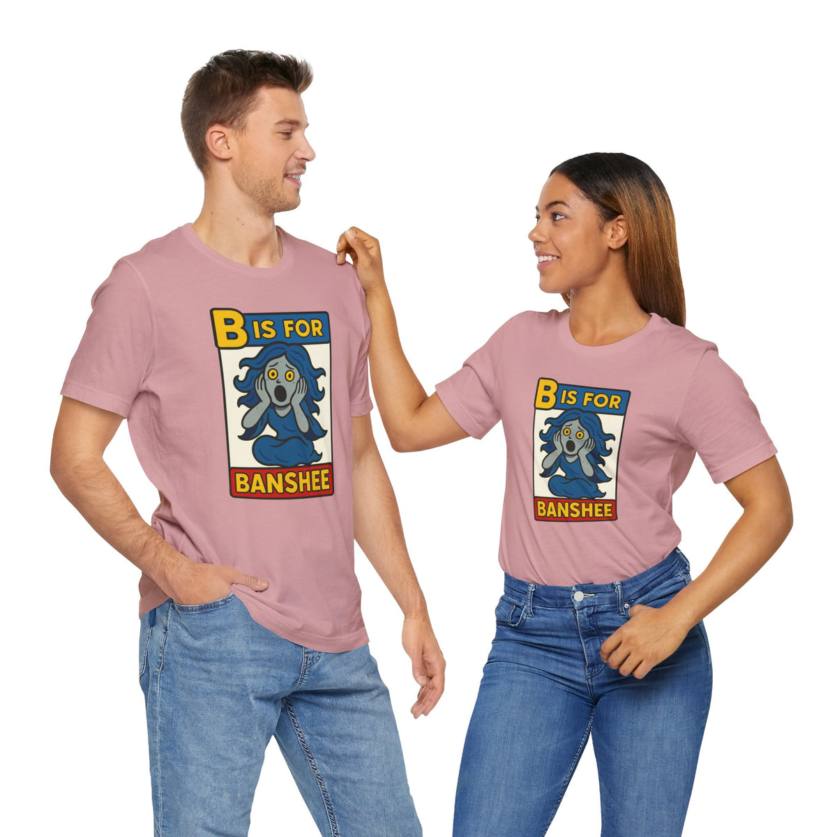 Couple in pink t-shirts featuring “B is for Banshee” front graphic.