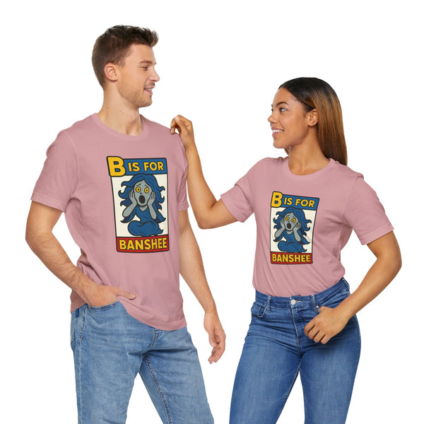 Couple in pink t-shirts featuring “B is for Banshee” front graphic.