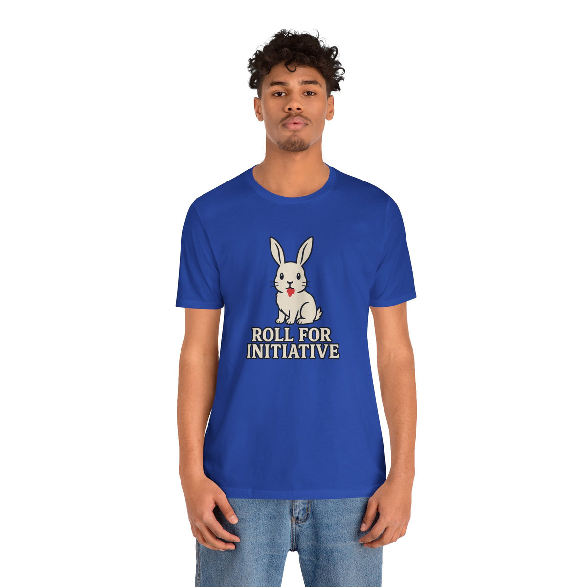 Blue crewneck T-shirt with bunny and “Roll for Initiative” front graphic, short sleeves