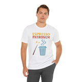 White crew-neck T-shirt with espresso graphic print at center chest