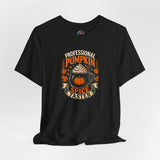Black crew-neck short-sleeve T-shirt with colorful “Professional Pumpkin Spice Taster” chest graphic.