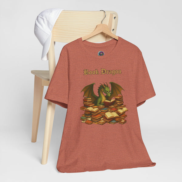 Rust brown crewneck t-shirt with Book Dragon graphic of green dragon on books