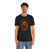Black T-shirt with orange sci-fi pumpkin graphic on the chest, crew neck