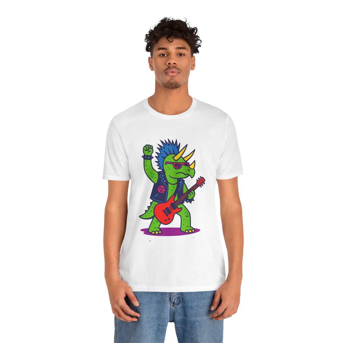 White crewneck T-shirt with triceratops rocker illustration holding a red electric guitar