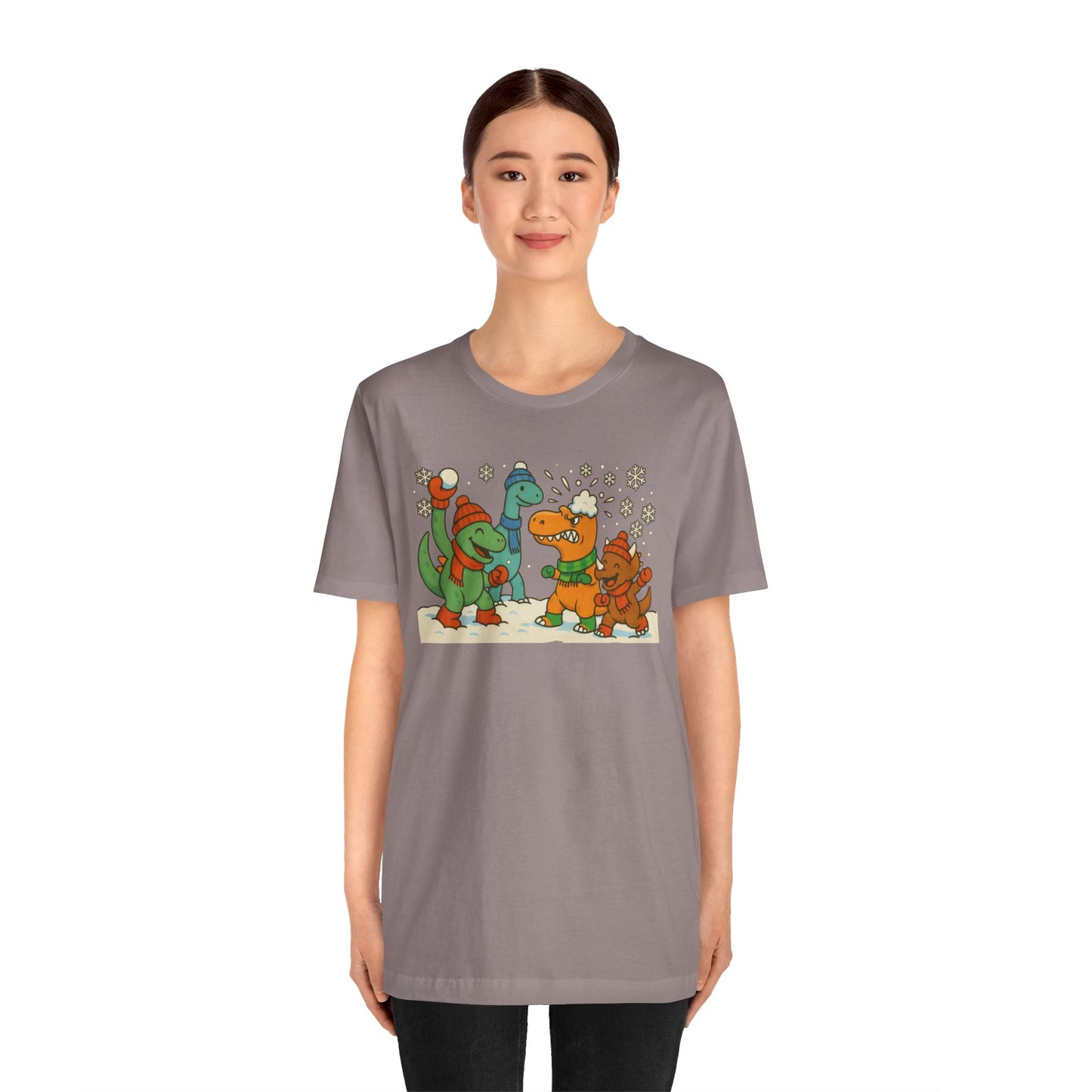 Dinosaur Snowball Fight T-Shirt – Funny Winter Dino Graphic Tee