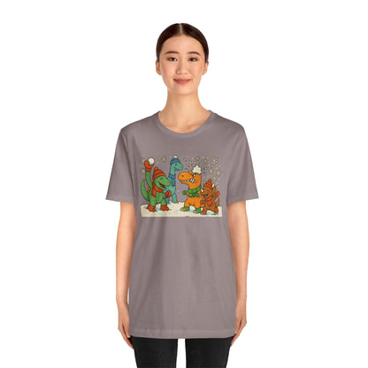 Dinosaur Snowball Fight T-Shirt – Funny Winter Dino Graphic Tee