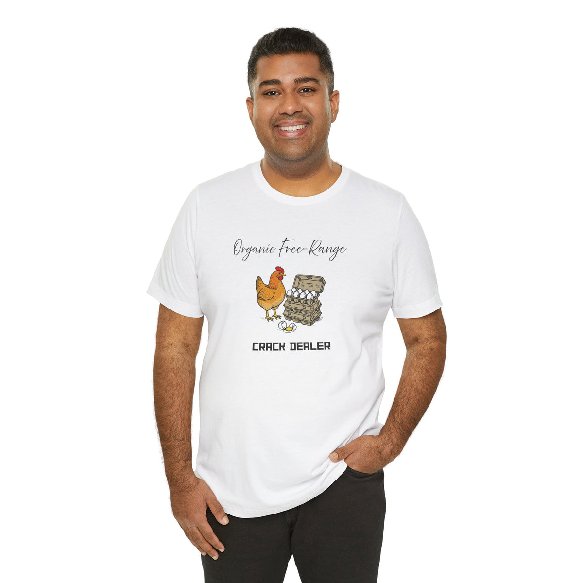 White crew-neck t-shirt worn by model; orange chicken graphic with egg carton