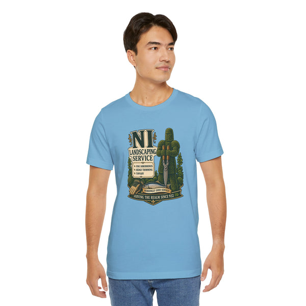 Light blue crewneck T-shirt with “NI Landscaping Service” logo graphic on the chest.