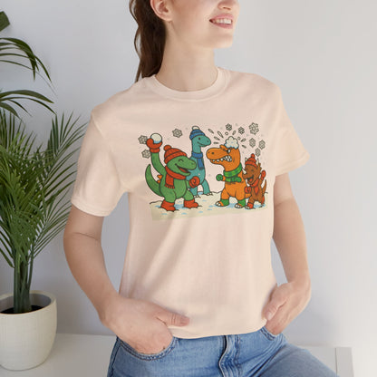 Dinosaur Snowball Fight T-Shirt – Funny Winter Dino Graphic Tee