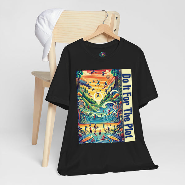 Black graphic t-shirt with colorful vertical poster print and “Do It For The Plot” text
