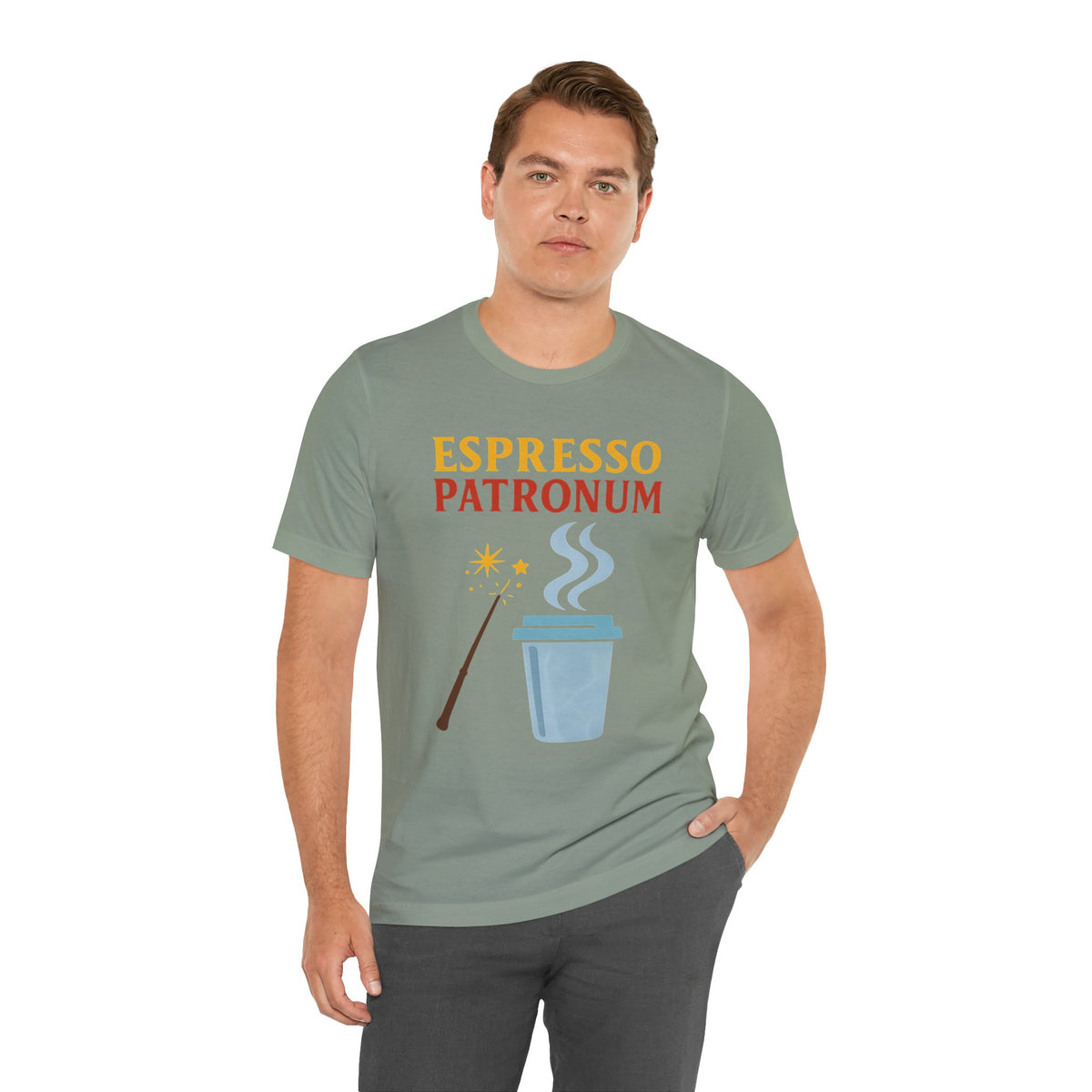 Sage green short-sleeve crewneck T-shirt with “Espresso Patronum” coffee cup design