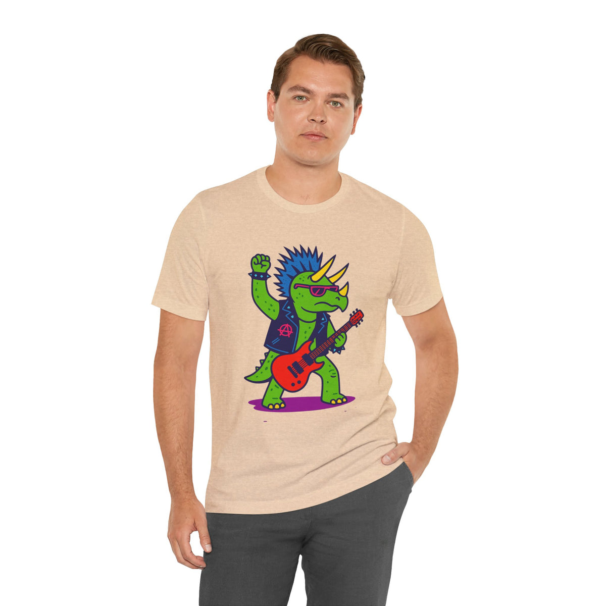 Adult tan graphic t-shirt with punk triceratops and red guitar, short-sleeve crew neck