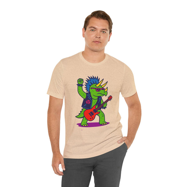 Adult tan graphic t-shirt with punk triceratops and red guitar, short-sleeve crew neck