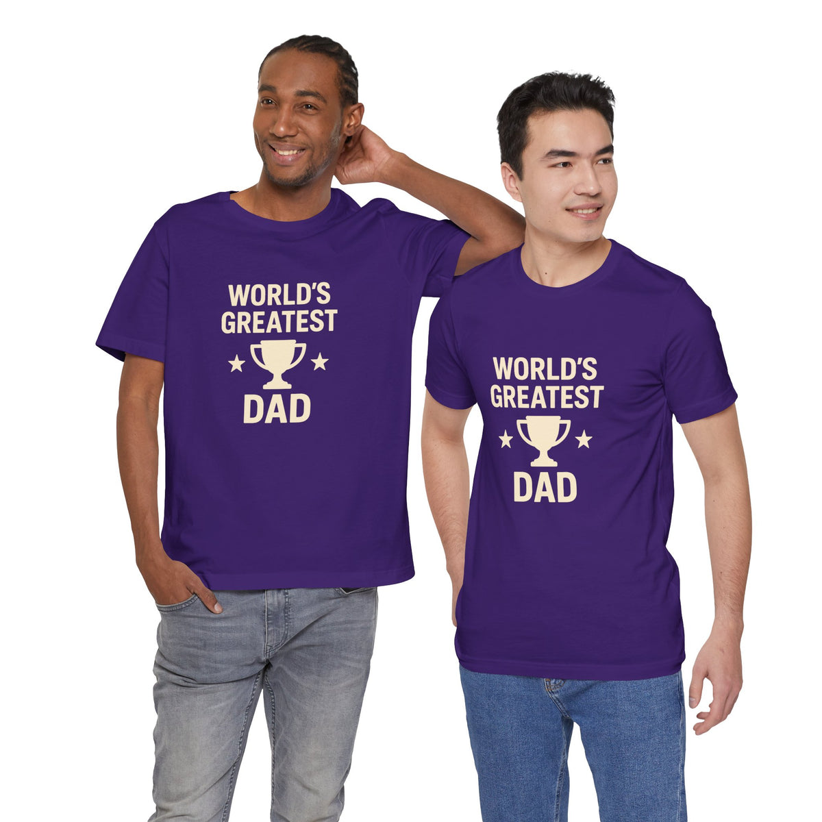 Purple T-shirts worn by two men, featuring the “World’s Greatest Dad” trophy graphic