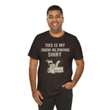 Black crewneck T-shirt with “This Is My Snow-Blowing Shirt” text and snowblower graphic