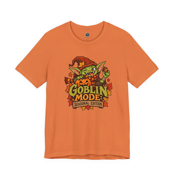 Burnt orange crew-neck graphic t-shirt with goblin mascot and colorful 'Goblin Mode' print