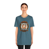 Teal heather crewneck T-shirt with Pumpkin Spice recruitment committee graphic