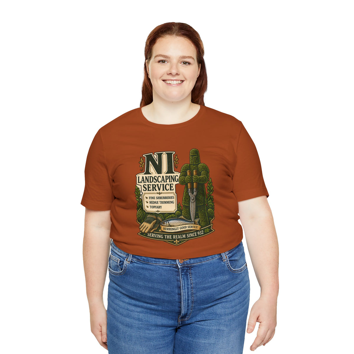 Rust orange crew-neck T-shirt with colorful “Landscaping Service” front graphic