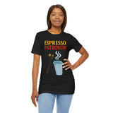 Black crew-neck T-shirt with “Espresso Patronum” text and blue coffee cup graphic