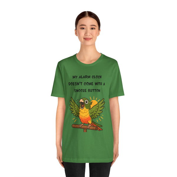 Green parrot alarm graphic T-shirt with “snooze button” text, short sleeves.