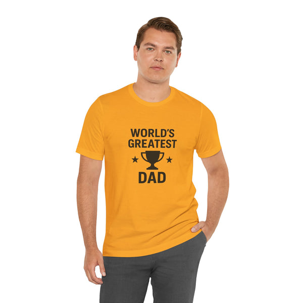 Orange T-shirt with trophy and “World’s Greatest Dad” text graphic, side view