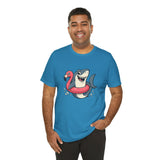 Aqua blue t-shirt with shark and flamingo floatie graphic, front view