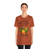 Rust parrot alarm graphic T-shirt with slogan: “MY ALARM CLOCK…SNOOZE BUTTON”.
