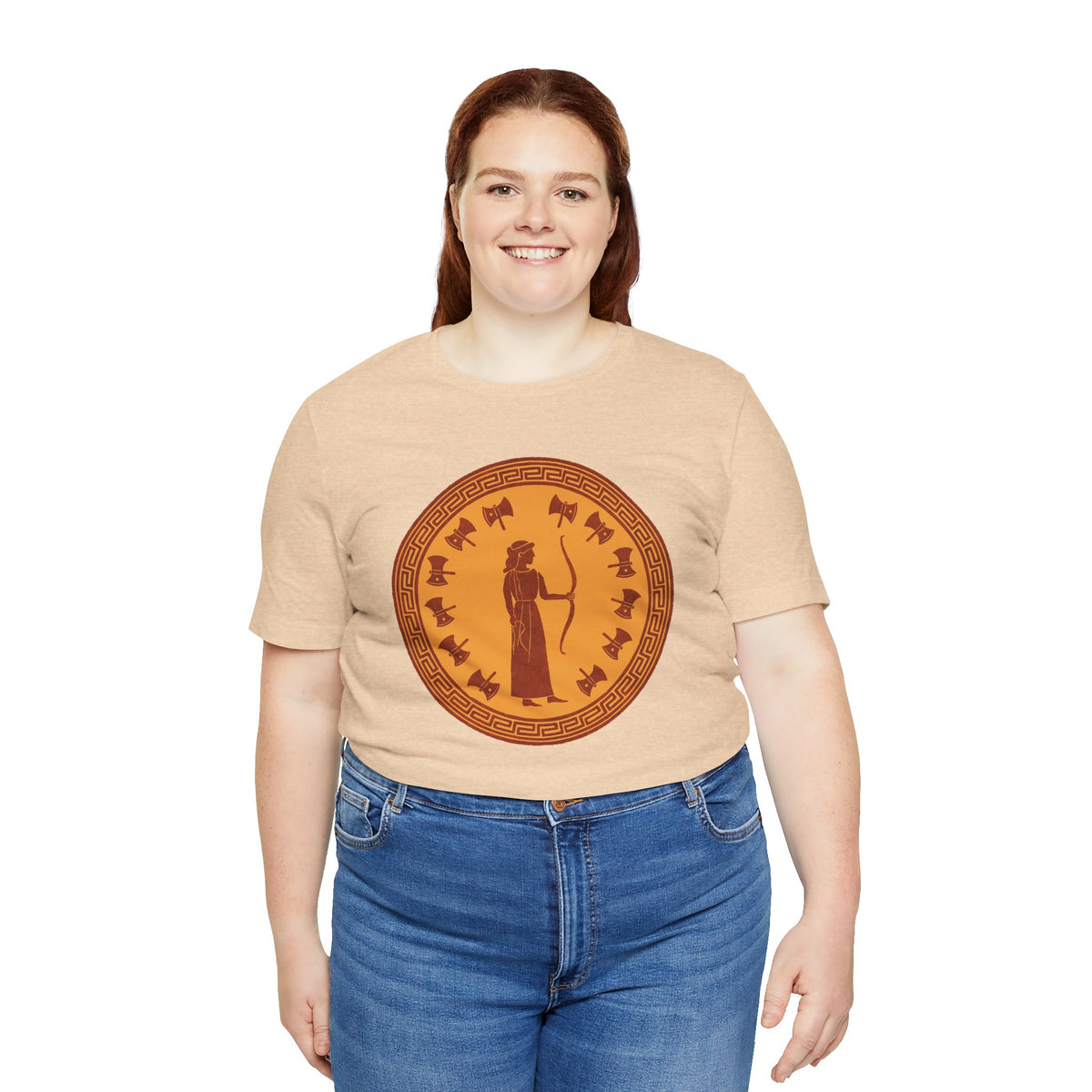 Beige crew-neck t-shirt with orange circular Greek myth figure graphic, front view
