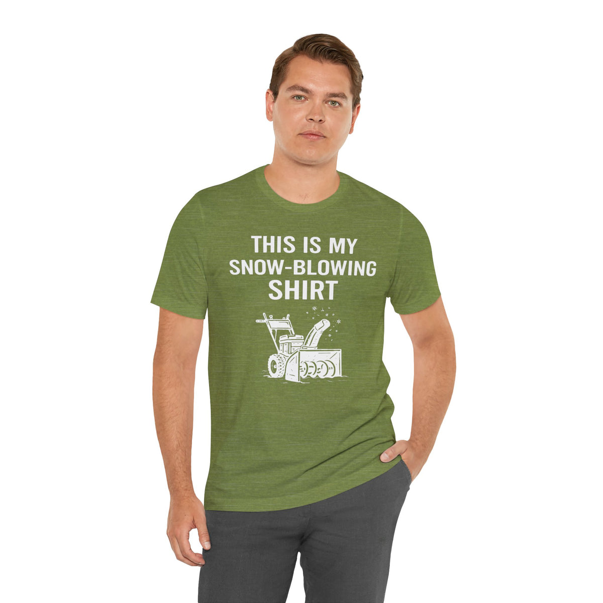 Green crew-neck graphic T-shirt with snow-blowing text and snowblower icon, side pose