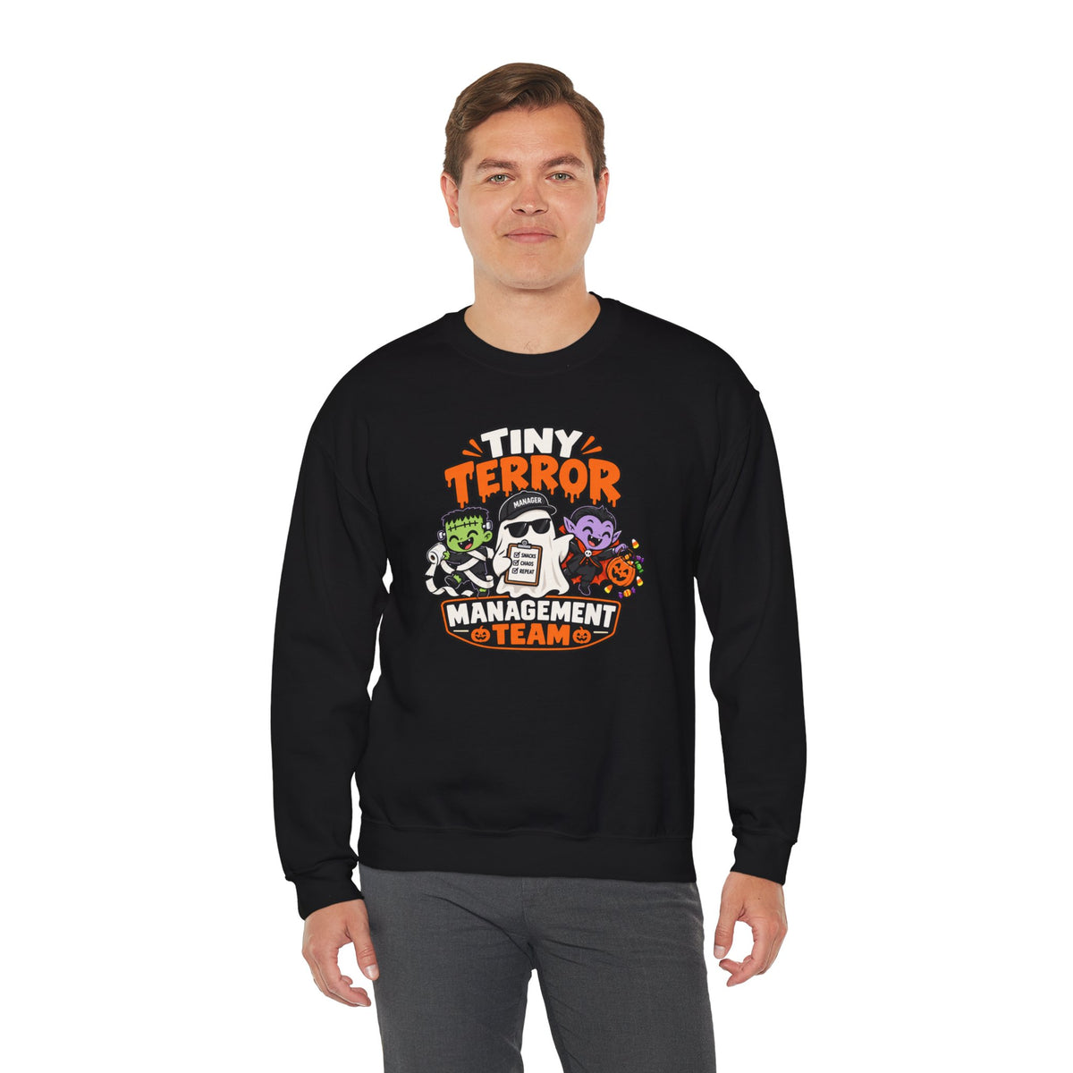 Tiny Terror Management Team Sweatshirt – Funny Halloween Parent Crewneck